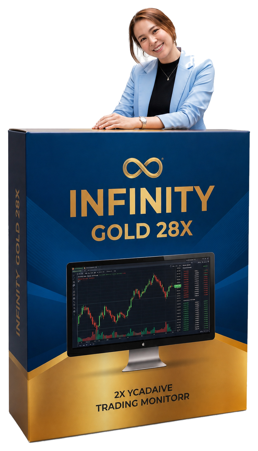 ภาพผู้หญิงพิงกล่อง Infinity Gold 28X แบบพื้นหลังโปร่งใส
